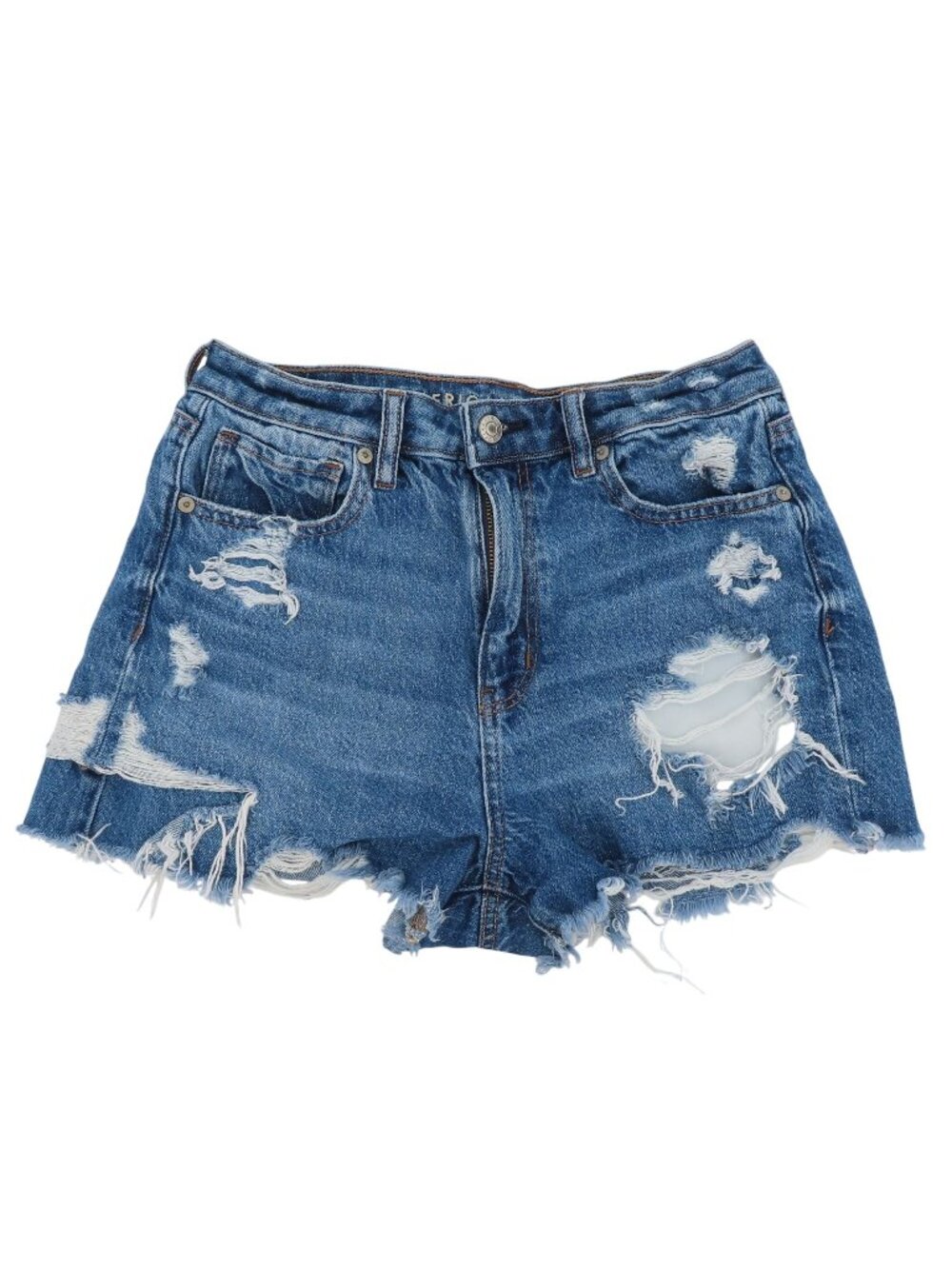 American Eagle Women 4 Mom Short Blue Denim Jeans Distressed Cut Off Frayed Hem